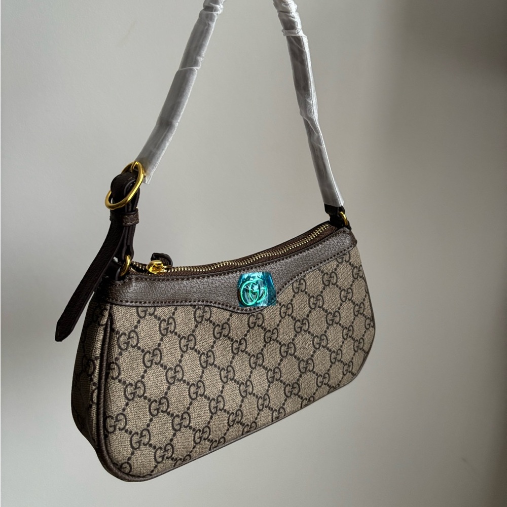 Beige Monogram Shoulder Bag with Gold Accents